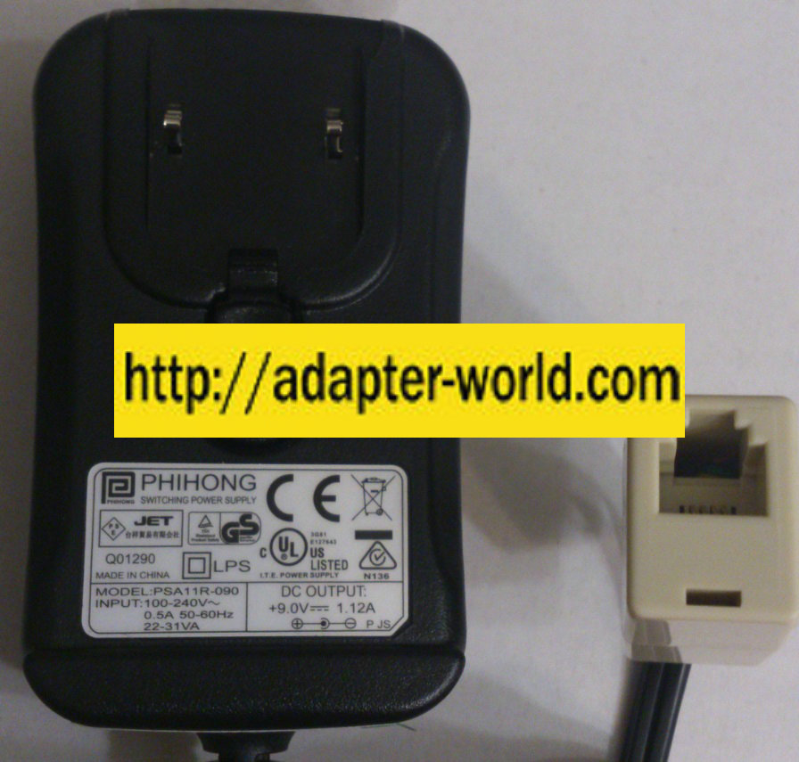 PHIHONG PSA11R-090 AC ADAPTER 9VDC 1.12A NEW -( )- RJ45
