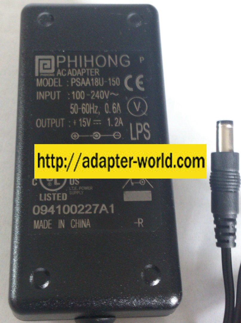 PHIHONG PSAA18U-150 AC ADAPTER 15VDC 1.2A NEW -( )- 2x5.5x10mm