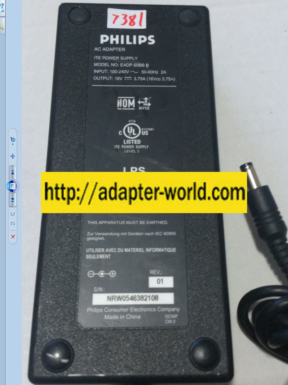 PHILIPS EADP-60BB B AC ADAPTER 16VDC 3.75A -( )- 2.5x5.5x11mm