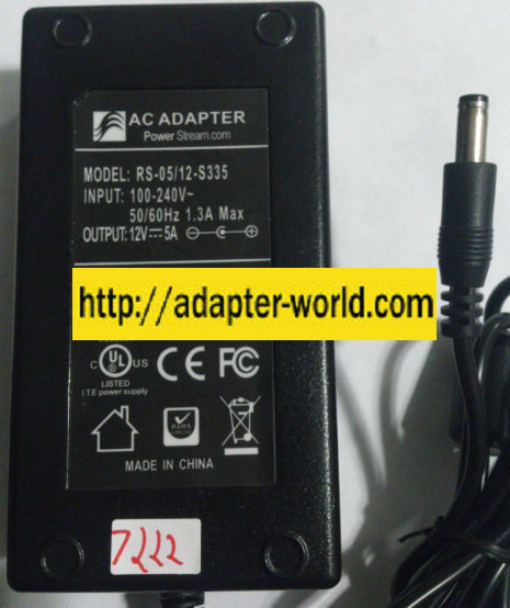 POWER STREAM RS-05/12-S335 AC ADAPTER 12VDC 5A -( )-2x5.5x12mm