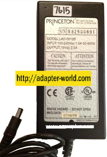 PRINCETON LAD-3012B 12V DC 2.5mA -( )- 2.3x5.4mm NEW POWER SUPP