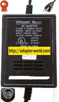 RECEIPT MASTER MW57-221500A AC ADAPTER 22VAC 1500mA NEW 4PIN RECEIPT MASTER MW57-221500A AC ADAPTER 22VAC 1500mA NEW 4PIN