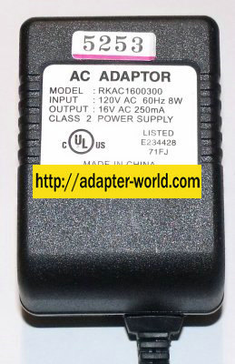 RKAC1600300 AC ADAPTER 16V 250mA CLASS 2 POWER SUPPLY Conditio