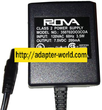 ROVA 350702OO3COA AC ADAPTER 7.5V AC 200mA New 2 x 5.5 x 11.3 m