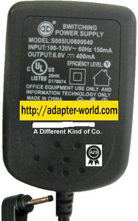 S005IU0600040 AC ADAPTER 6VDC 400mA NEW -( ) 1.5x4mm 120vac 90 °