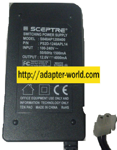 SCEPTRE S048AP1200400 AC ADAPTER 12VDC 4000mA NEW 2 HOLE PIN