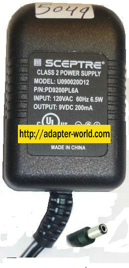 SCEPTRE U090020D12 AC Adapter 9VDC 200mA -( ) 2x5.5mm LINEAR POW