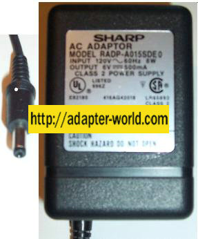 SHARP RADP-A015SDE0 AC ADAPTER 6Vdc 500mA 1.5x4mm -( ) 120vac CL