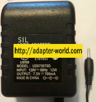 SIL UD075070D AC ADAPTER 7.5VDC 700MA NEW -( ) 0.7x2.2mm ROUND