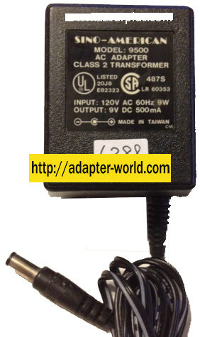 SINO-AMERICAN 9500 AC ADAPTER 9VDC 500mA NEW 2x5.4x11.2mm