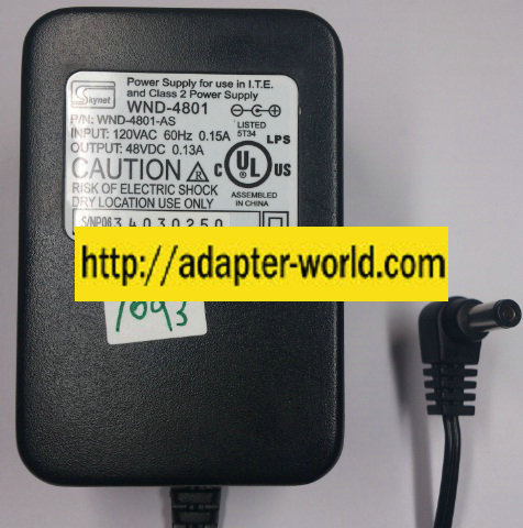 SKYNET WND-4801 AC ADAPTER 48VDC 0.13A NEW -( )- 2x.5.5mm 120V