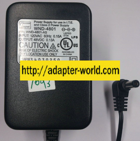 SKYNET WND-4801 AC ADAPTER 48VDC 0.13A NEW -( )- 2x.5.5mm 120V SKYNET WND-4801 AC ADAPTER 48VDC 0.13A NEW -( )- 2x.5.5mm 120V