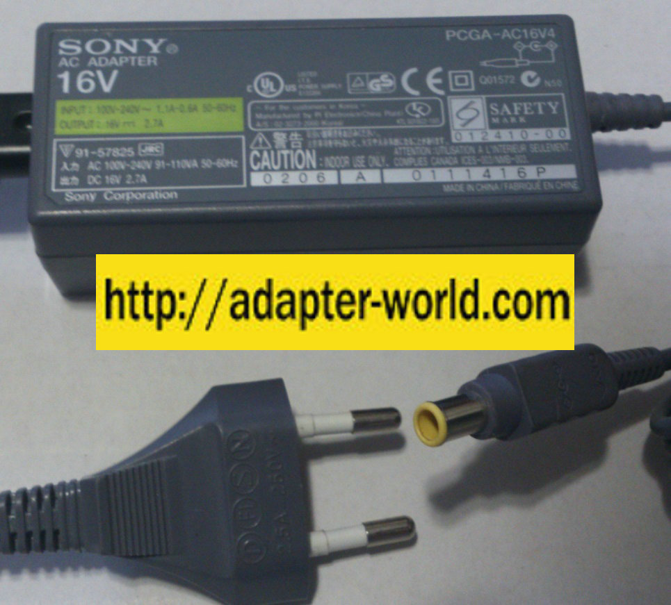 SONY PCGA-AC16V4 AC ADAPTER 16VDC 2.7A -( )- 1x4.4x6x9.5mm