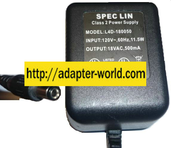 SPEC LIN L4D-180050 AC Adapter 18VAC 500mA ~(~) 2.5x5.5mm 120vac