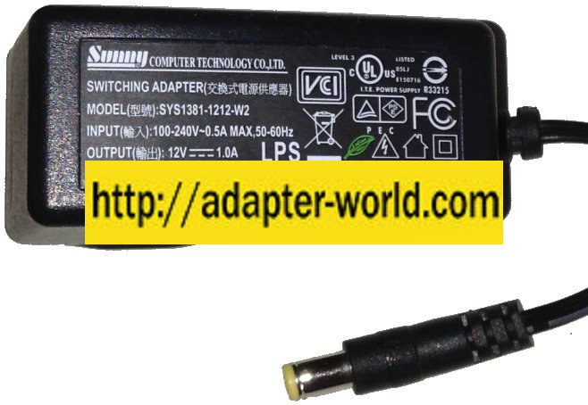 SUNNY SYS1381-1212-W2 AC ADAPTER 12VDC 1A NEW -( ) 2x5.5mm 100-