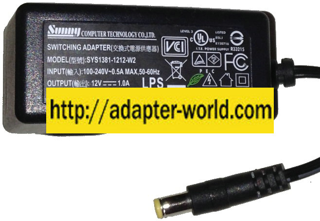 SUNNY SYS1381-1212-W2 AC ADAPTER 12VDC 1A NEW -( ) 2x5.5mm 100- SUNNY SYS1381-1212-W2 AC ADAPTER 12VDC 1A NEW -( ) 2x5.5mm 100-
