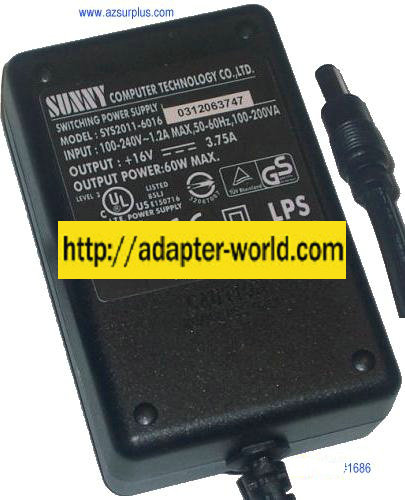SUNNY SYS2011-6016 AC ADAPTER 16VDC 3.75 60W POWER SUPPLY