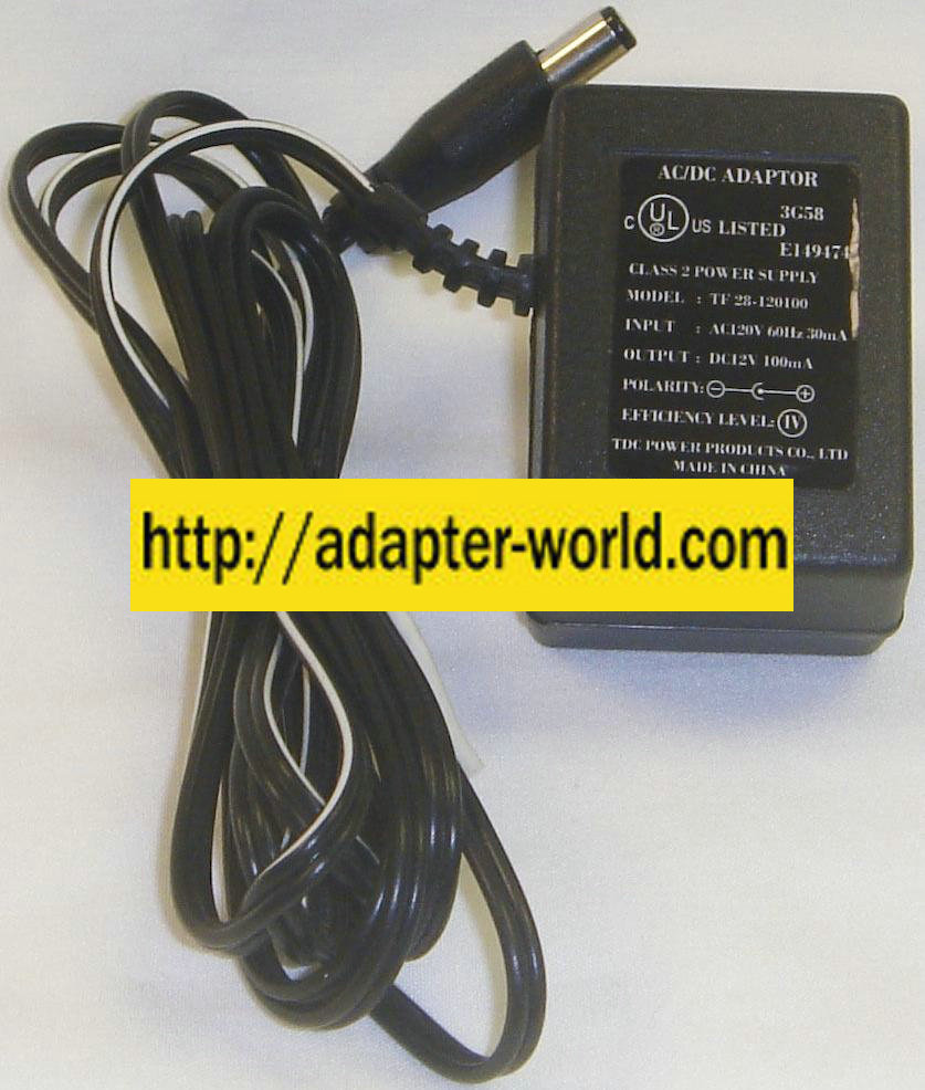 TDC TF 28-120100 AC ADAPTER 12VDC 100mA NEW 2x5.5x9.8mm -( )-