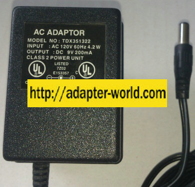 TDX351322 AC ADAPTER 9VDC 200mA NEW 2 x 5.5 x 13mm