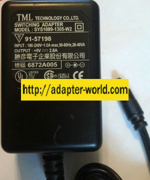 TML SYS1089-1305-W2 AC ADAPTER 5V DC 2.6A POWER SUPPLY