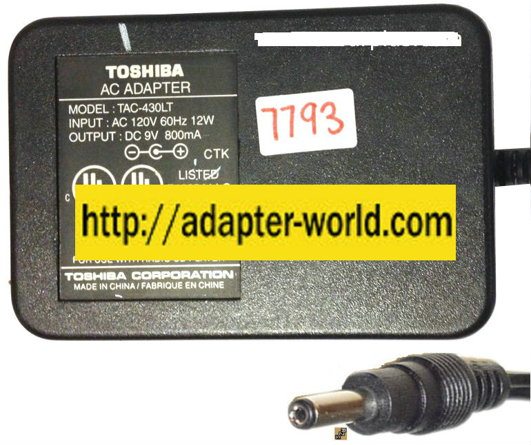 TOSHIBA TAC-430LT AC ADAPTER 9VDC 800mA NEW -( )- 2.1x5.3mm