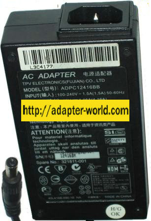 TPV ELECTRONICS ADPC12416BB AC ADAPTER 12VDC 4.16A POWER SUPPLY