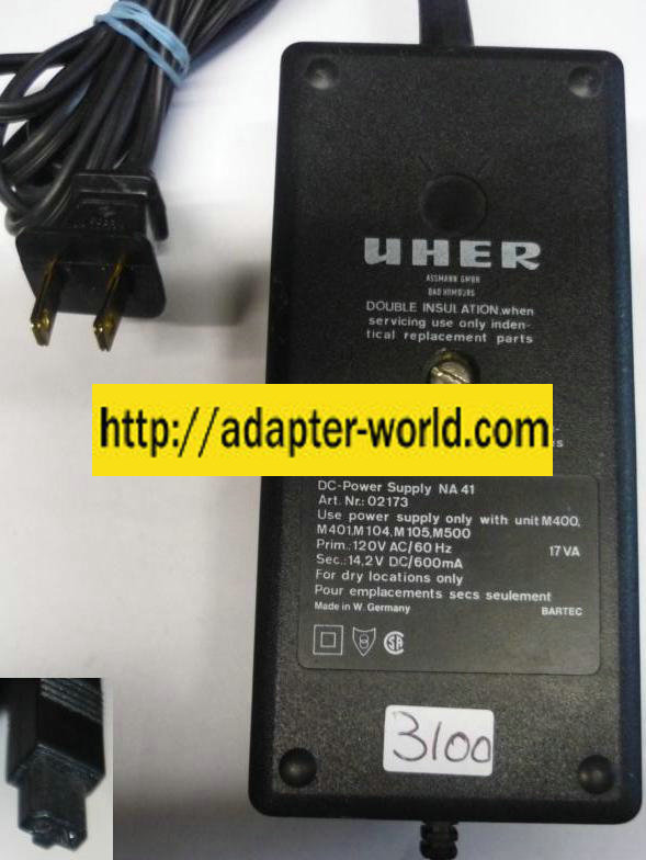 UHER NA41 DC ADAPTER 14.2V 600mA POWER SUPPLY