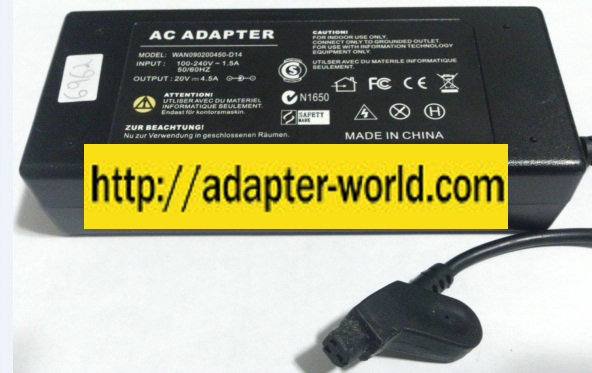 WAN090200450-D14 AC ADAPTER 20VDC New -( )- 3 HOLE PIN