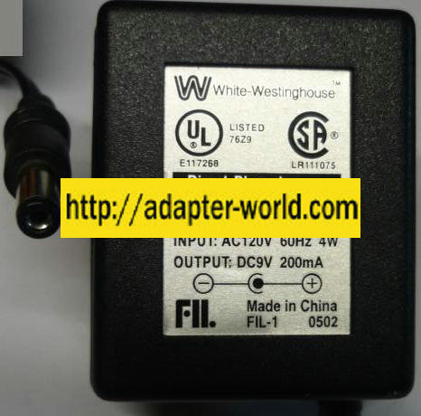 WHITE WESTINGHOUSE 35-D09-200 AC ADAPTER 9V 200mA DIRECT PLUG-IN