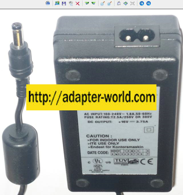 XTEND F1960E AC ADAPTER 16VDC 3.75A 2.5x5.5mm 100-240Vac POWER S