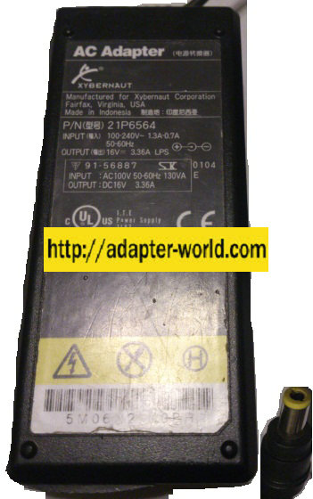 XYBERNAUT 21P6564 AC ADAPTER 16VDC 3.36A New 2.7 x 5.5 x 11mm XYBERNAUT 21P6564 AC ADAPTER 16VDC 3.36A New 2.7 x 5.5 x 11mm