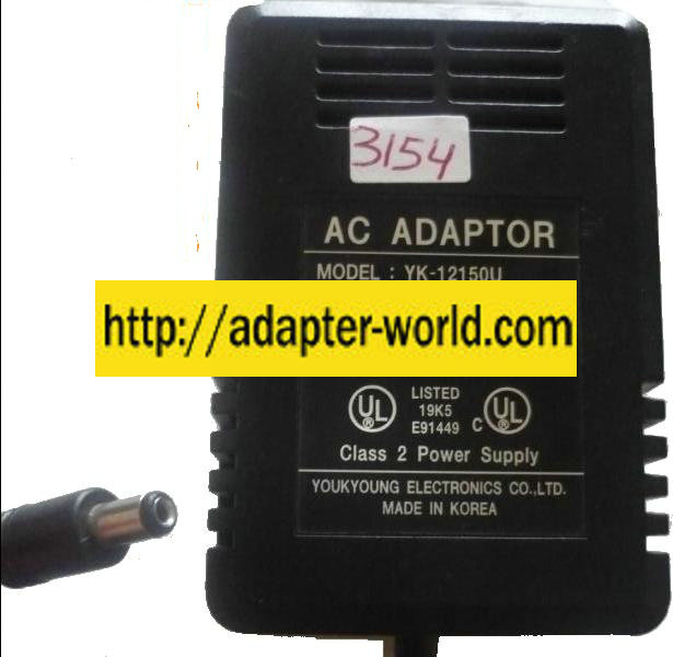 YOUKYOUNG YK-12150U AC DC ADAPTER 12V 1500mA CLASS 2 POWER SUPPL