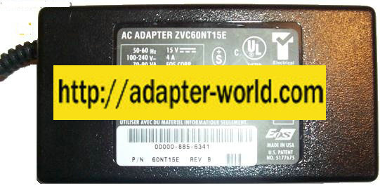 ZVC60NT15E AC DC ADAPTER 15V 4A POWER SUPPLY