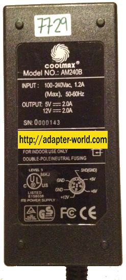 COOLMAX AM240B AC ADAPTER 5V DC 2A 12V NEW 5PIN MINI DIN