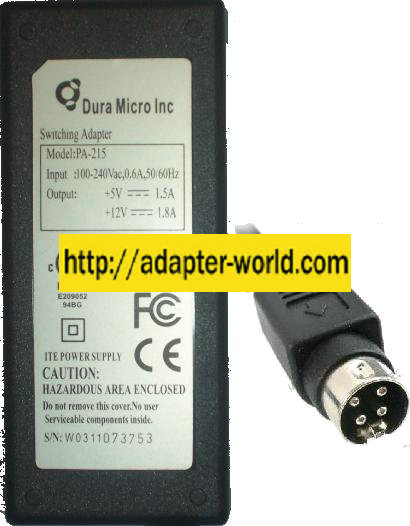 DURA MICRO PA-215 AC ADAPTER 12V 1.8A 5V 1.5A Dual Voltage 4Pins