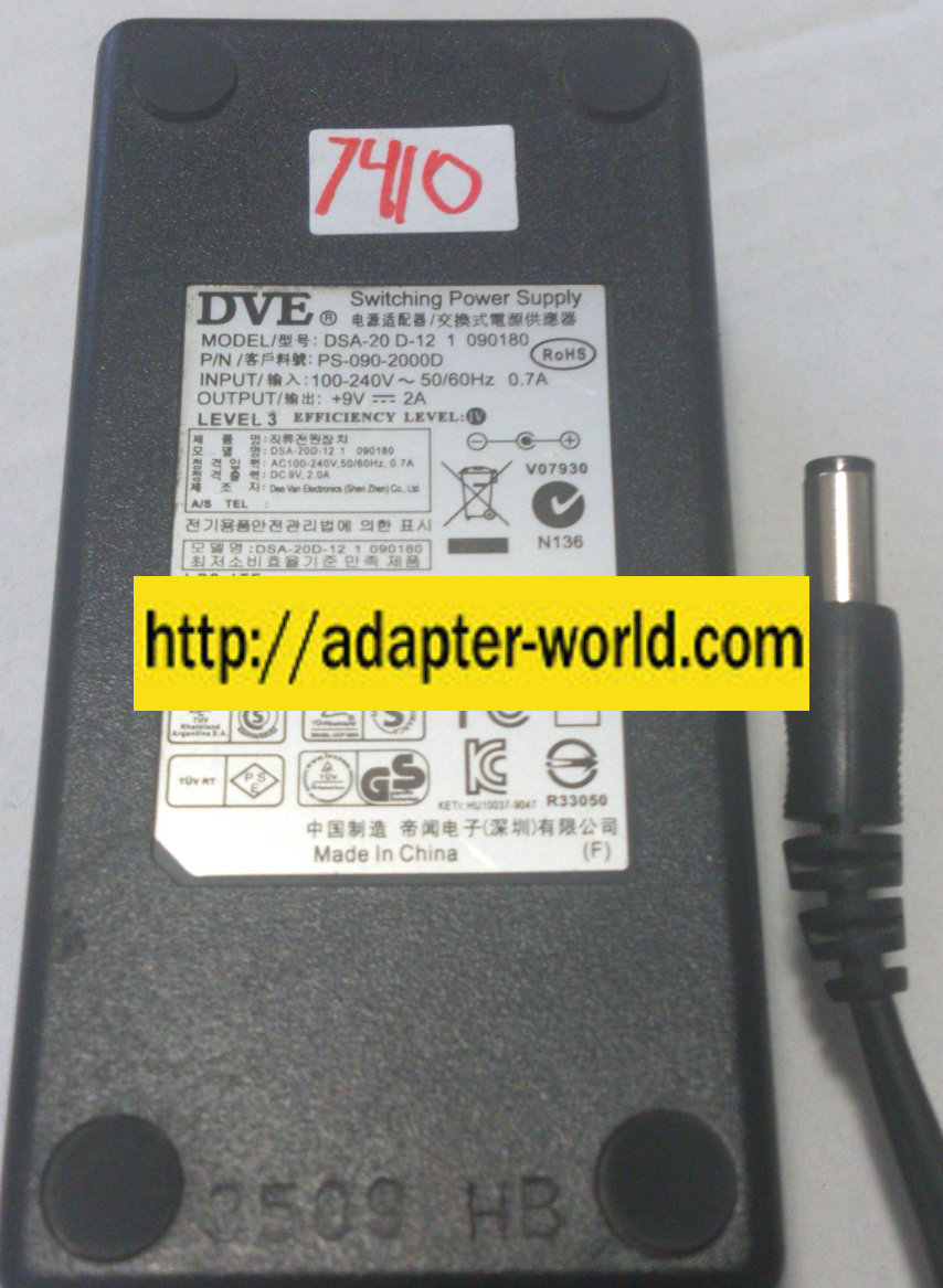 DVE DSA-20 D-12 AC ADAPTER 9VDC 2A NEW -( )- 2.5x5.5x11mm