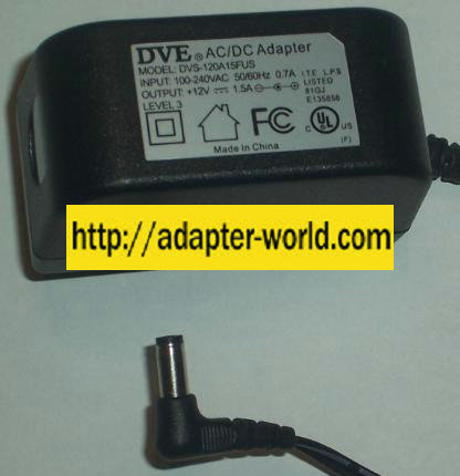 DVE DVS-120A15FUS AC ADAPTER 12Vdc 1.5A -( ) 2x5.5mm 100-240vac