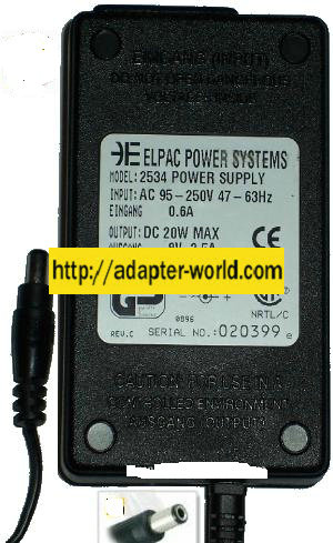 ELPAC POWER SYSTEMS 2534 AC ADAPTER 8VDC 2.5A 20W POWER SUPPLY
