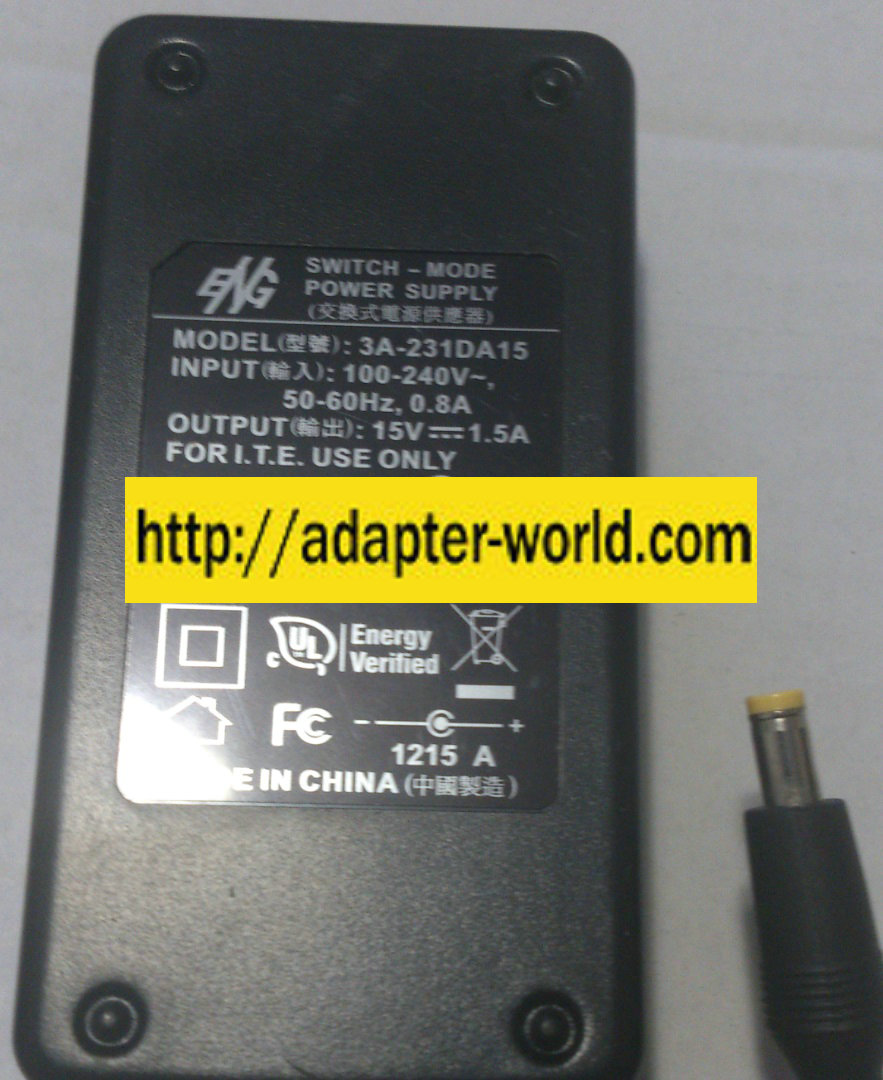 ENG 3A-231DA15 AC ADAPTER 15VDC 1.5A NEW -( )- 1.7x4.8x9.4mm