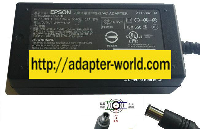 EPSON A221B AC ADAPTER 24VDC 1.1A NEW -( )- 1x3-4x6mm PRINTER P