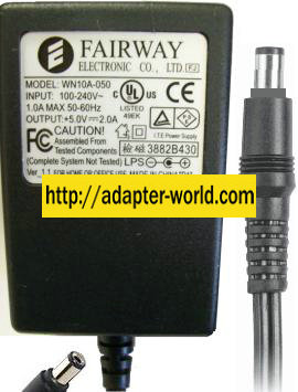 FAIRWAY WN10A-050 AC ADAPTER 5VDC 2A -( ) 2.5x5.5mm POWER SUPPLY