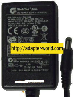 GLOBTEK GT-41062-1824-T3 AC ADAPTER 24VDC 0.75A POWER SUPPLY