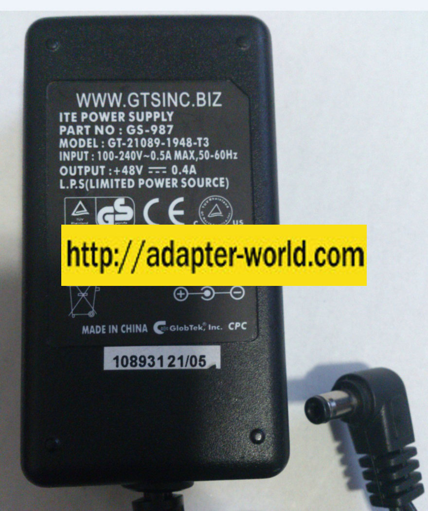 GLOBTEK GT-21089-1948-T3 AC ADAPTER 48VDC 0.4A NEW 2.5x5.5mm