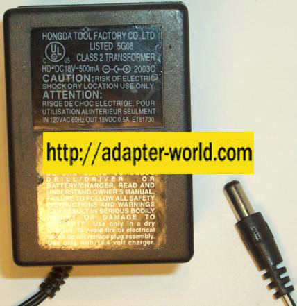 HONGDA 5G08 AC ADAPTER 18Vdc 0.5A POWER SUPPLY Charger for Drill