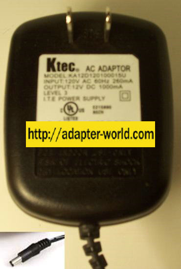 KTEC KA12D120100015U AC ADAPTER 12Vdc 1000mA -( )- 2.5x5.5mm LEV