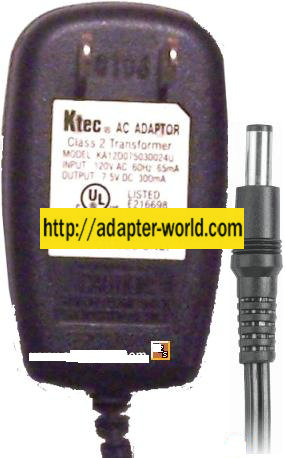 Ktec KA12D075030024U AC ADAPTER 7.5VDC 300mA -( )- 120vac 2x5.5m