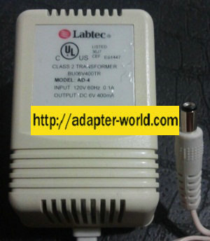 LABTEC AD-4 AC ADAPTER 6VDC 400MA POWER SUPPLY