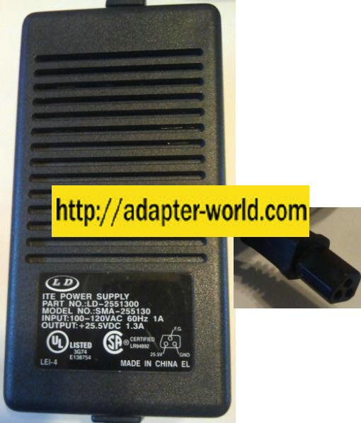 LD SMA-255130 AC ADAPTOR 25VDC 1.3A 3 Hole Pin LD-255130