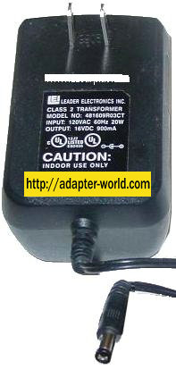 LEADER 481609R03CT AC ADAPTER 16VDC 900mA NEW -( ) 2.1x5.5mm RO