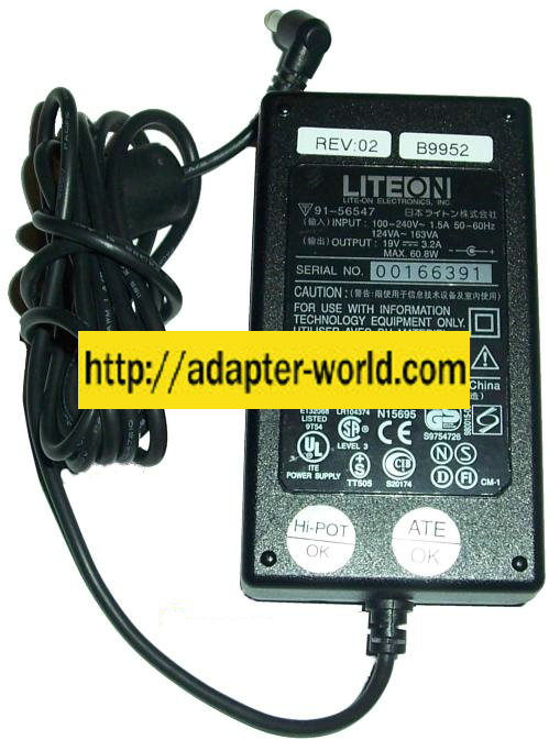 LITE-ON PA-1600-19AC AC ADAPTER 19VDC 3.2A -( )- 1.8x5.5mm 100-2
